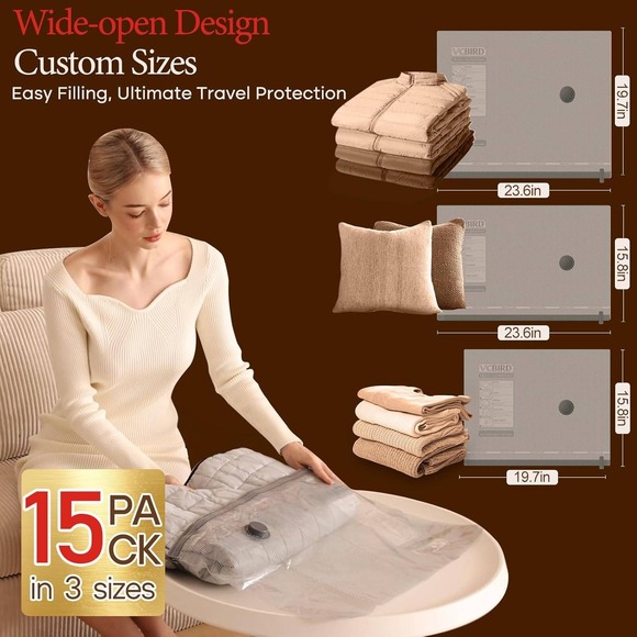 Vacbird 15 Pack Vacuum Storage Bags with Rechargeable Electric Pump CP-X7-GY-5G - Picture 3 of 6